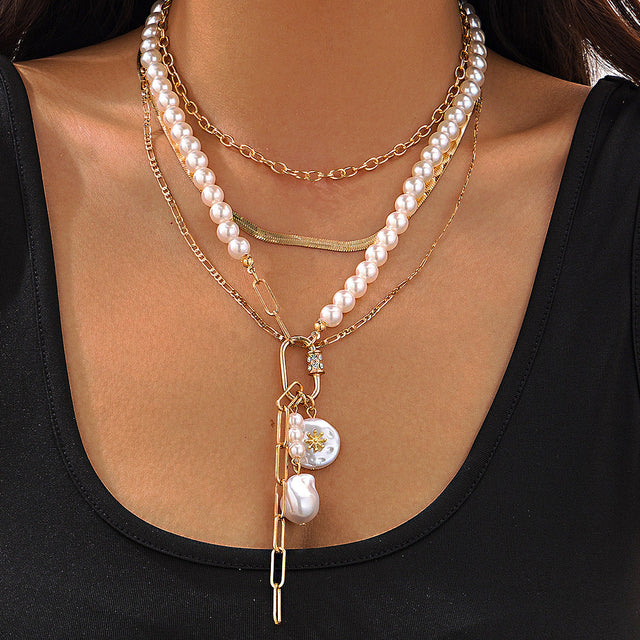 Baroque-Inspired Multi-Layer Pearl-Style Necklace with Snake Chain for Women Geometric Pendant Rhinestone Inlay Asymmetrical Layering Sweater Chain