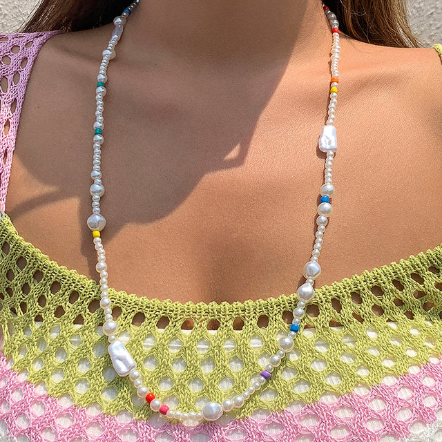 Bohemian Style Irregular Geometric Long Tassel Necklace for Women with Imitation Pearls and Resin Beads on Ball Chain