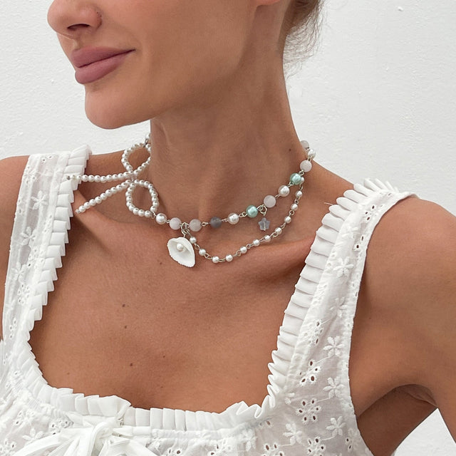 Minimalist Star-Shaped Shell Pendant Necklace with Imitation Pearl and Agate Beads on Delicate Clavicle Chain