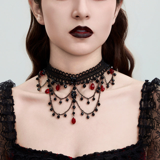 Gothic Dark Style Geometric Pendant Necklace with Red Rhinestone Inlay and Lace Chain for Women