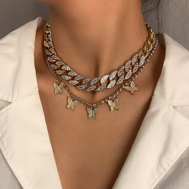 Butterfly Pendant Cuban Chain Necklace Vintage Bohemian Style Alloy Plated Jewelry for Women