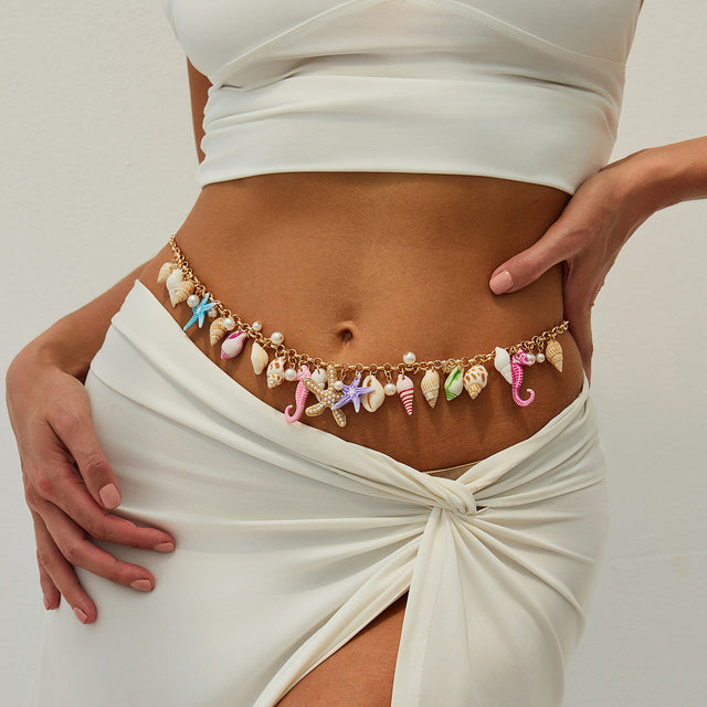 Bohemian Style Starfish Seashell Imitation Pearl Body Chain for Women with Polished Metal Finish and Lobster Clasp