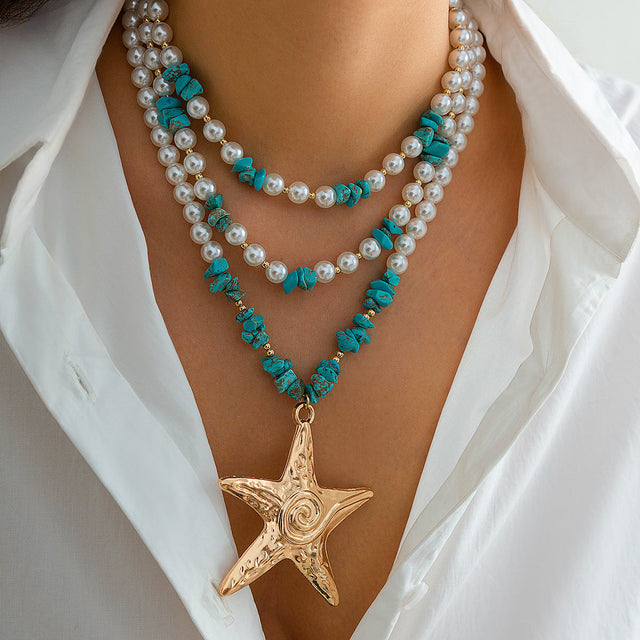 Bold Star-Shaped Multi-Layer Necklace for Women with Imitation Pearl Accents and Gold-Plated Alloy Pendant on Ball Chain