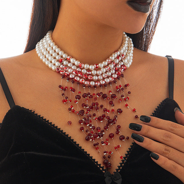 Gothic Vintage Choker Necklace with Simulated Pearl Beads Crystal Pendant and Tassel Accents for Women