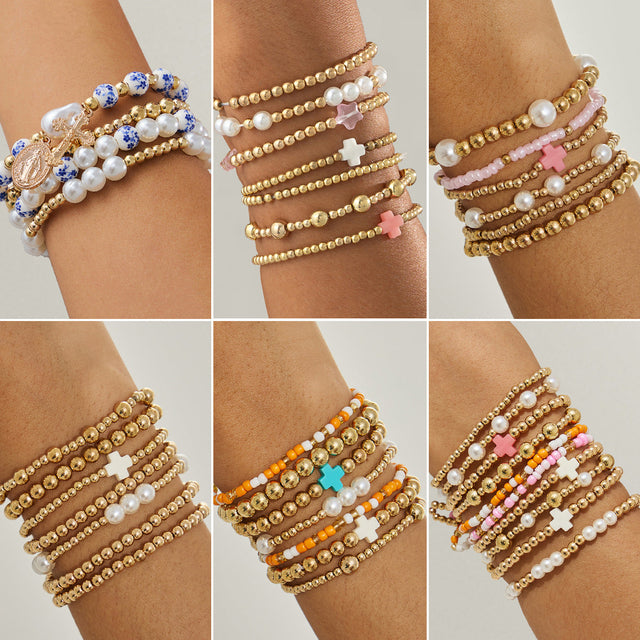 Bohemian Star and Cross Beaded Stretch Bracelet for Women with Imitation Pearl Accents and Irregular Design