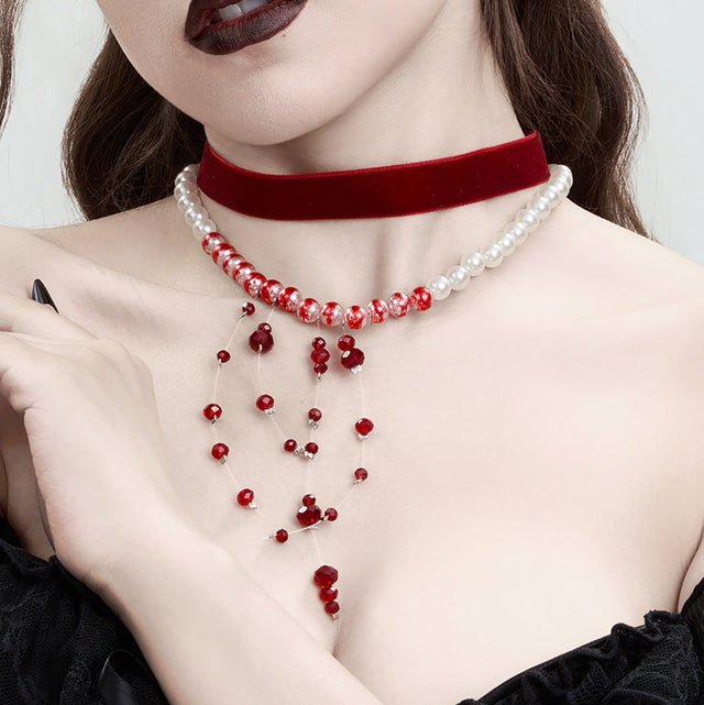 Gothic Style Geometric Pendant Choker Necklace with Rhinestone Accents and Tassel Details for Women