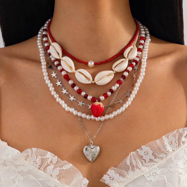 Boho Beach-Themed Shell and Pearl Beaded Necklace Set with Heart Pendant for Women