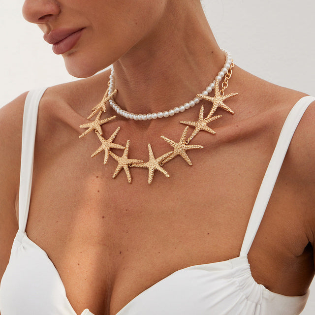 Chic Starfish Pendant Necklace for Women with Alloy and Simulated Pearl Beads, Plated Finish, Layered Clavicle Chain in Marine Vacation Style