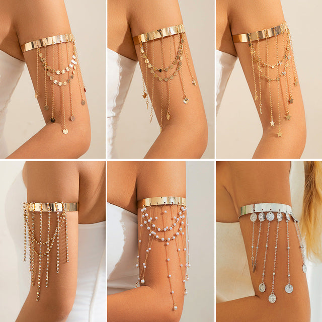 Bohemian Style Heart and Star Charm Arm Cuff with Tassel and Chain Details for Women