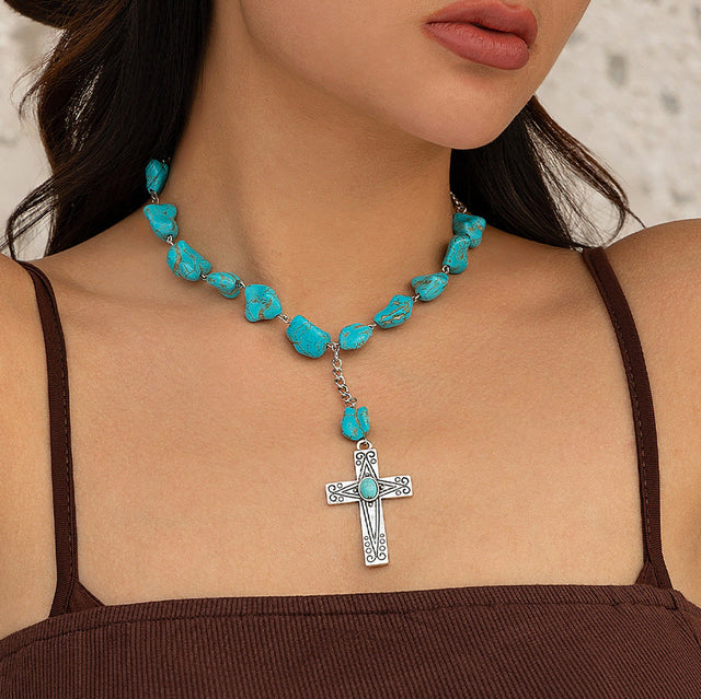 Ethnic Vintage Irregular Turquoise Metal Cross Necklace for Women with Plated Finish and Geometric Pendant