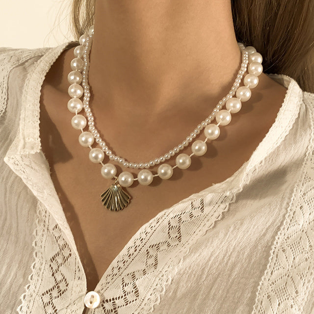 Chic Ocean-Inspired Multi-Layer Necklace with Geometric Shell and Imitation Pearl Accents for Women