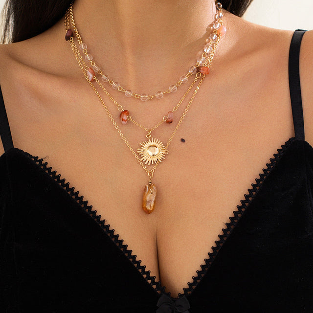 Irregular Geometric Sun Pendant Necklace for Women with Turquoise and Crystal Inlay on Plated Copper-Steel Chain with Tassel Layered Design
