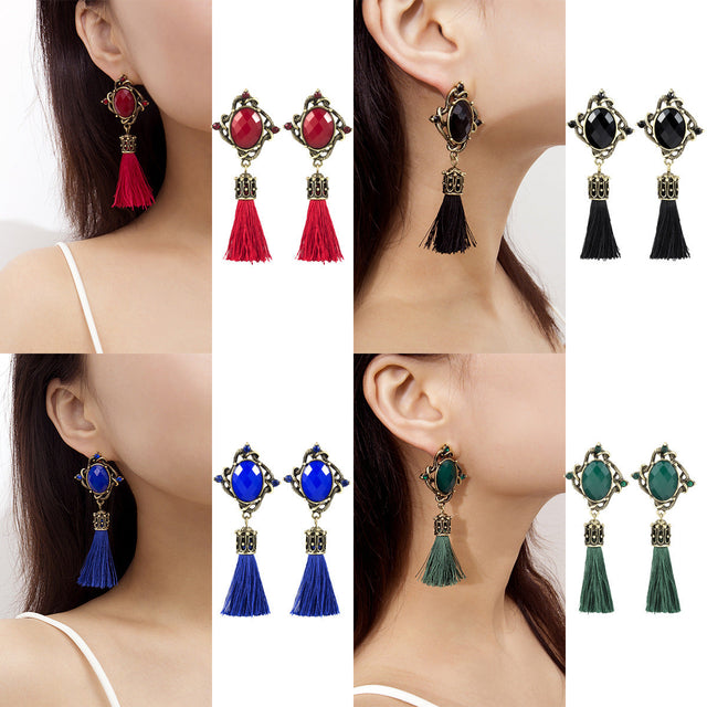 Bohemian Rhombus Round Drop Earrings for Women Alloy Plated Vintage Ethnic Long Tassel Earrings
