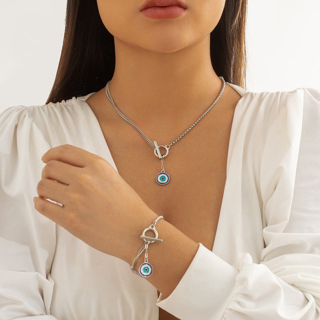 Asymmetrical Tassel Pendant Necklace Set with Geometric Eye Charm in Alloy with Electroplating Finish for Women