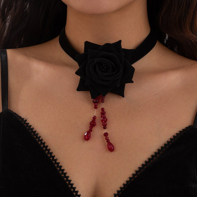 Gothic Sweet Punk Fabric Choker with Blood-Drop Pendant Rose Floral Design and Tassel Accents for Women