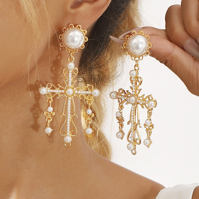 Baroque Vintage Style Cross-Shaped Alloy Earrings with Simulated Pearl Inlay and Plated Finish for Women
