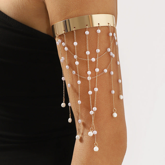 Bohemian Pearl Fringe Arm Cuff Bracelet for Women with Plated Iron Base and Imitation Pearl Accents