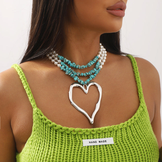 Bohemian Multi-Layer Heart-Shaped Alloy Necklace with Simulated Pearl and Turquoise Accents for Women