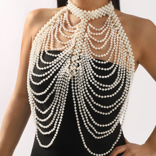 French Vintage Geometric Pearl Body Chain with Handwoven Shoulder Drape and Wavy Pendant for Wedding and Formal Dresses