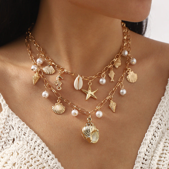 Vacation Style Geometric Pendant Necklace with Pearl Tassels Beach Star Shell Accents in Alloy with Plated Finish
