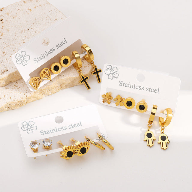 Ethnic Vintage Style Geometric Stainless Steel Earrings Set with Eye Motif and Enamel Finish