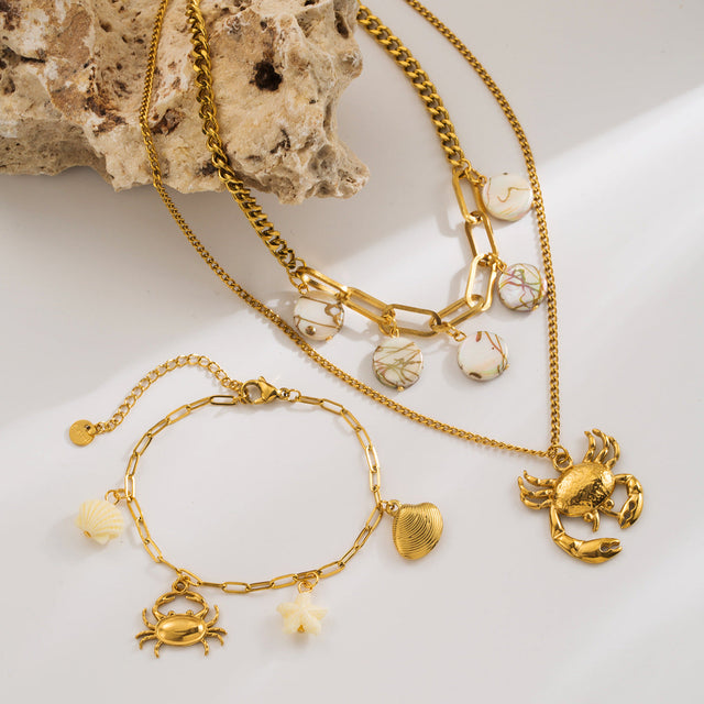 Vacation Style Crab Pendant Necklace in Stainless Steel with Shell Inlay, Geometric Design, Gold Plated, Women's Clavicle Chain