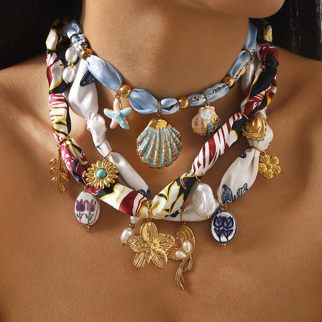 Artistic Floral Ceramic Pendant Necklace with Satin Ribbon and Stainless Steel Chain for Women