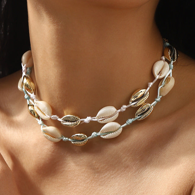 Bohemian Style Geometric Shell Pendant Necklace with Alloy Chain and Braided Rope for Women Summer Beach Casual Party Accessory