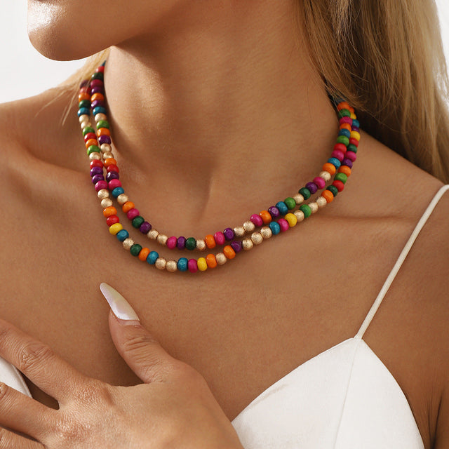 Bohemian Rainbow Guardian Wooden Beaded Necklace with Geometric Shape and Handmade Craftsmanship for Unisex Summer Wear