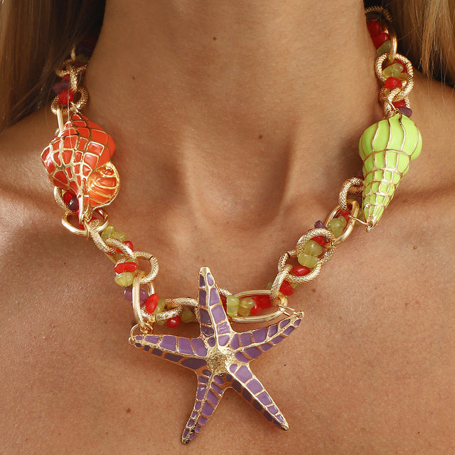 Sweet and Edgy Geometric Starfish and Seashell Pendant Necklace for Women with Alloy Base Plated Finish and Resin Inlay