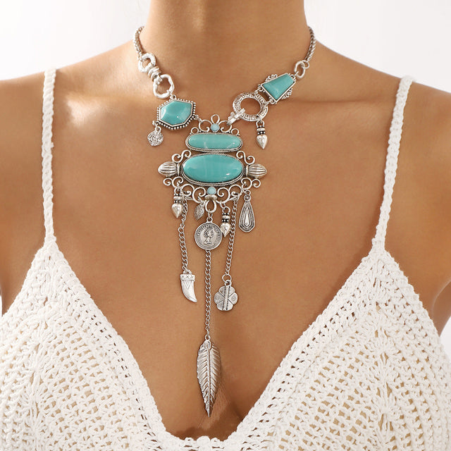 Ethnic Style Geometric Pendant Necklace in Alloy with Turquoise Inlay on Snake Chain Vintage Design