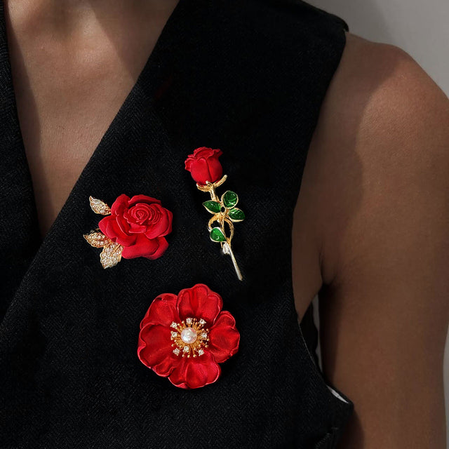 Elegant Floral Brooch in Alloy with Rhinestone Inlay and Enamel Finish Red Rose Design for Women