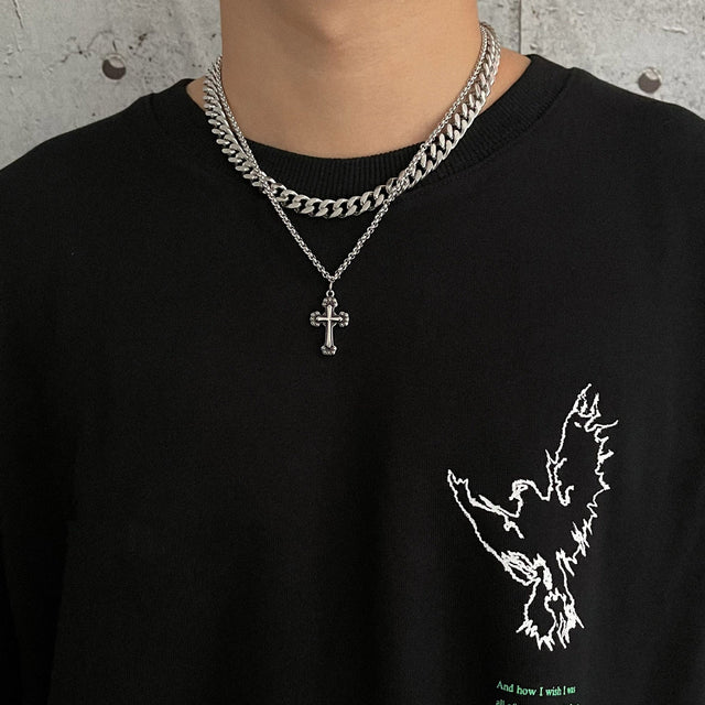 Dark Vintage Cross Pendant Necklace for Men and Women in Titanium Steel with Plated Finish and O-Chain Design