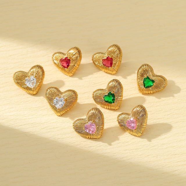 Elegant French Court Style Heart-Shaped Titanium Steel Earrings with Zircon Inlay Plated for Women