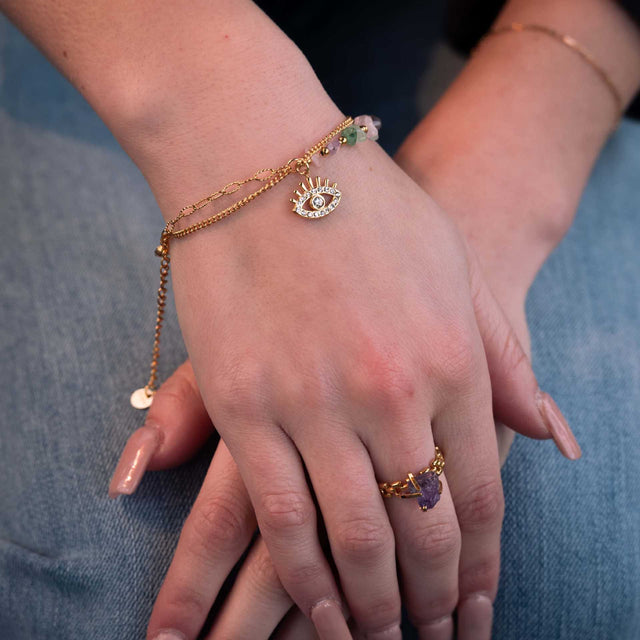 Fashionable Eye-Shaped Stainless Steel Bracelet with Zircon Inlay and 18K Gold Plating for Women