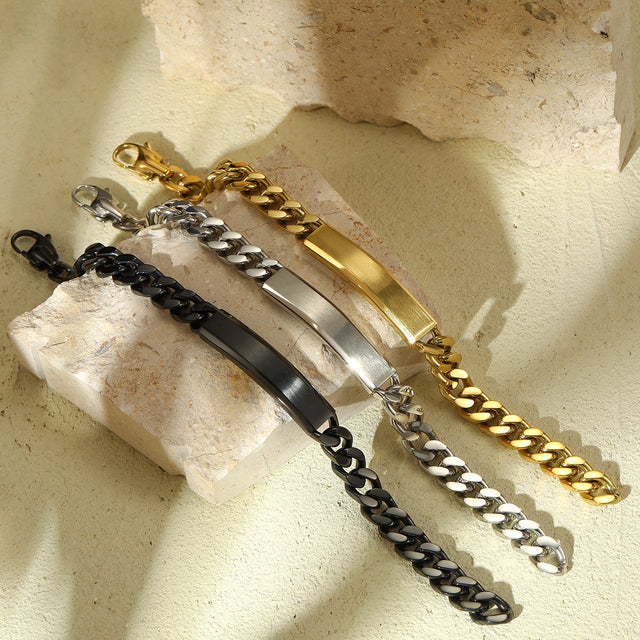 18K PVD Gold Plated Titanium Steel Geometric Laser Engraved DIY Charm Bar Bracelet for Unisex