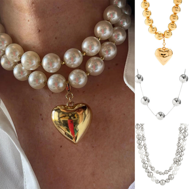 Cyberpunk Style Heart-Shaped Geometric Pendant Necklace with Imitation Pearl Beads Electroplated Multi-Layer Round Bead Chain for Women