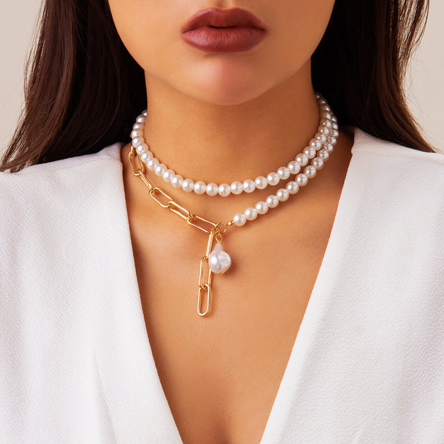 Baroque-Inspired Asymmetrical Two-Tier Tassel Necklace with Geometric Pendant, Electroplated Iron, Women's Fashion Jewelry