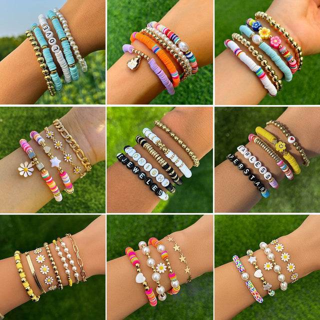 Bohemian Daisy Pearl Beaded Bracelet Set with Floral and Geometric Design for Women