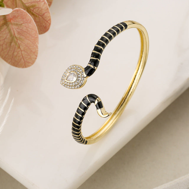 Bohemian Style Snake-Shaped Enamel Zirconia Cuff Bracelet for Women