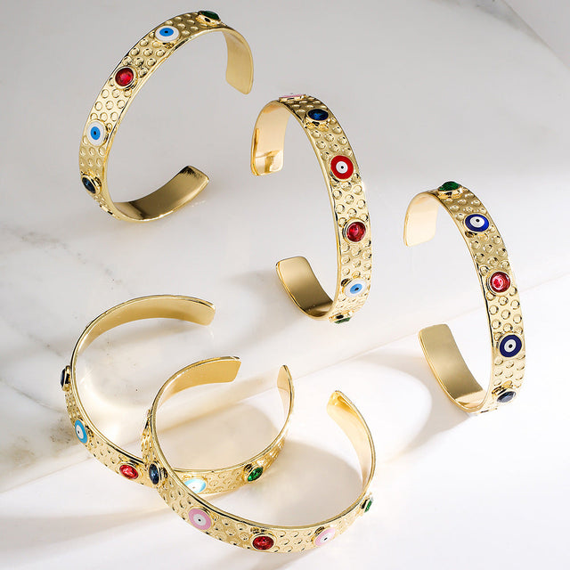 Bohemian Style Geometric Open Cuff Bracelet for Women with Copper Base Plated in Real Gold and Enamel Eye Design with Micro-Pave Zirconia