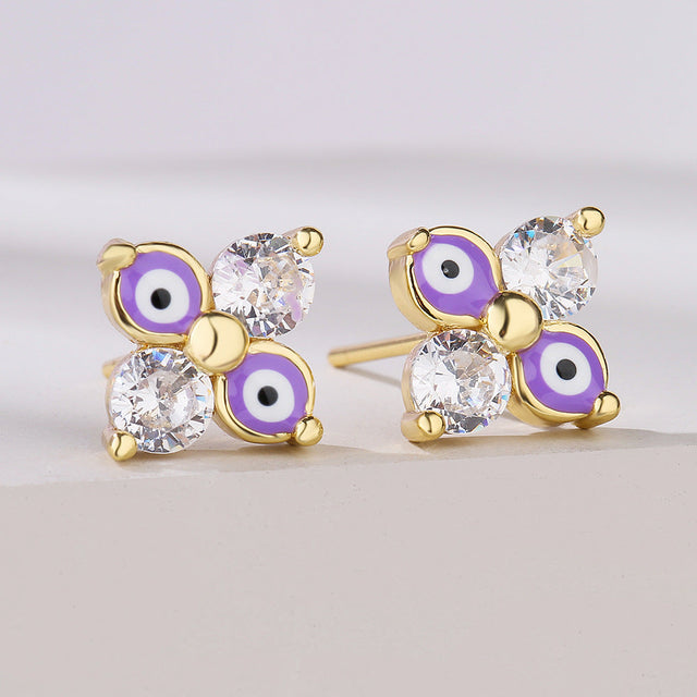 Fashion Minimalist Geometric Eye Stud Earrings for Women in Copper with Real Gold Plating and Enamel Finish