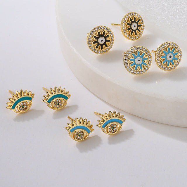 Geometric Evil Eye Earrings for Women Made of Copper with Real Gold Plating and Enamel Finish Featuring Cubic Zirconia Inlay