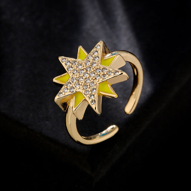 Cartoon Style Geometric Open Star Ring for Women in Copper with 18K Gold Plating and Cubic Zirconia Inlay