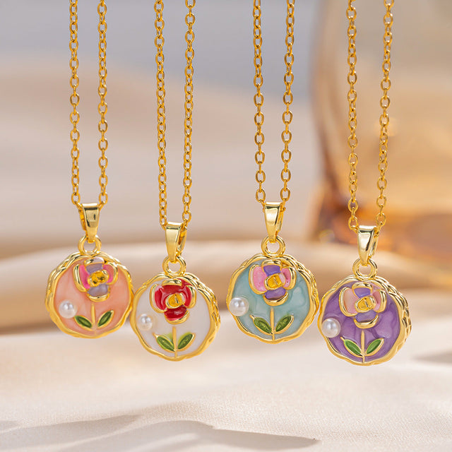 Elegant Floral Enamel Pendant Necklace for Women with Copper Charm and Titanium Steel O-Chain
