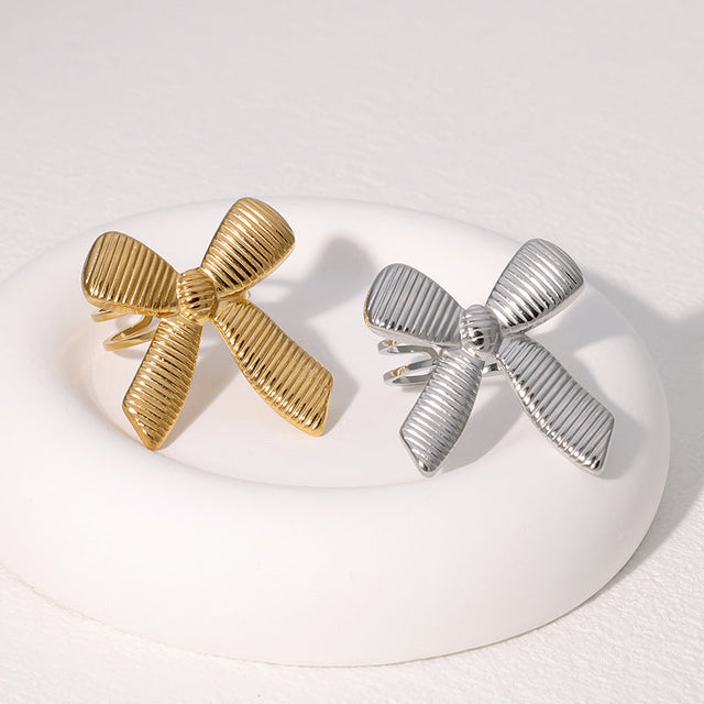 Elegant Vintage 18K Gold Plated Stainless Steel Bow Knot Stripe Open Ring for Women