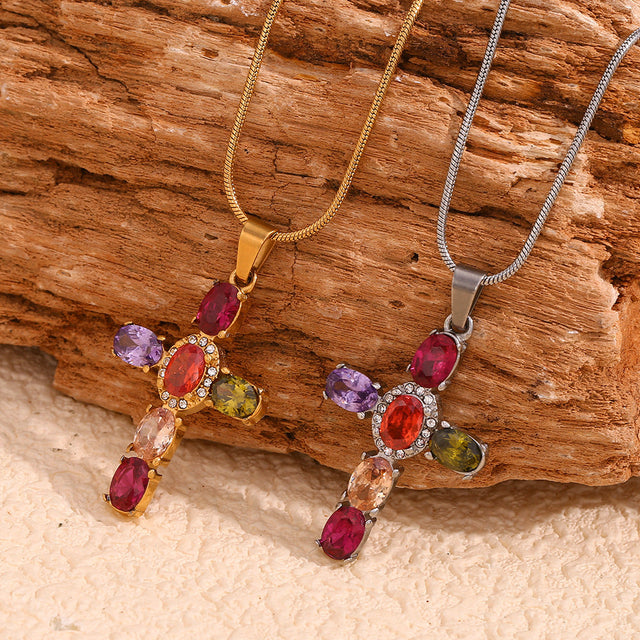 Bohemian Vintage Cross Pendant Necklace in Stainless Steel with 18K Gold Plating and Colorful Rhinestone Inlay on Thin Snake Chain for Women