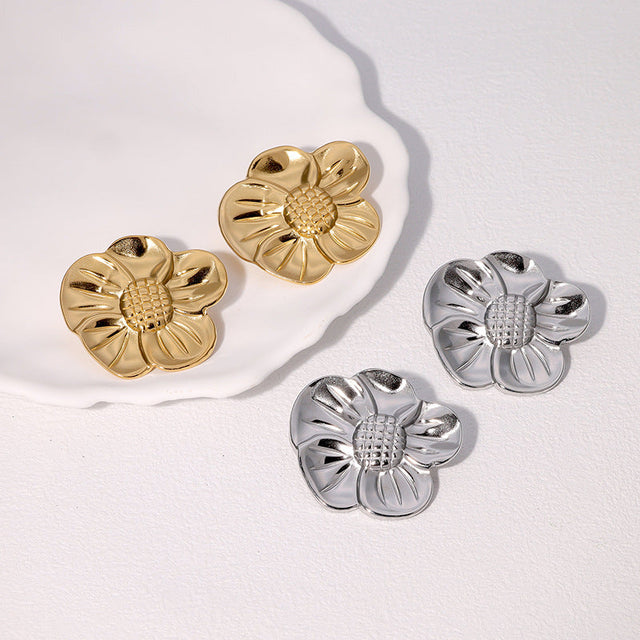 Fashion 18K Gold Plated Stainless Steel Floral Stud Earrings for Women