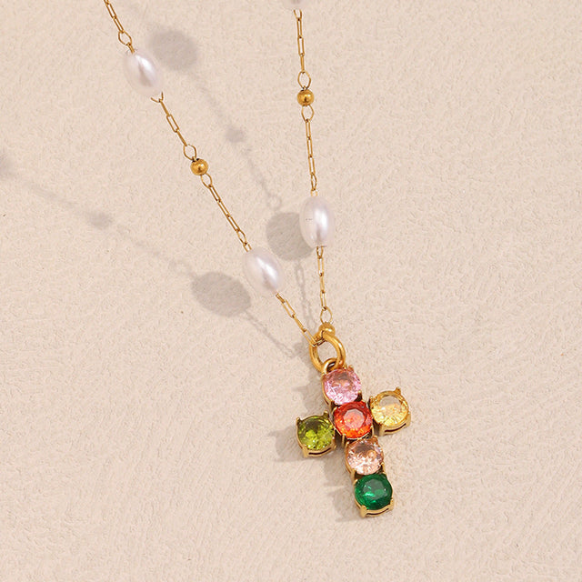 Elegant Minimalist Cross Pendant Necklace for Women Stainless Steel with 18K Gold Plating and Colorful Zircon Accents