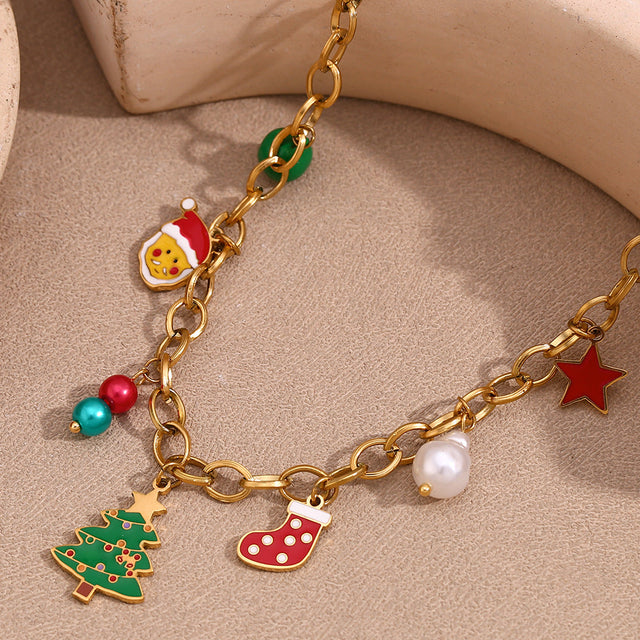 Cute Cartoon Christmas Tree Pendant Necklace for Women Stainless Steel with 18K Gold Plating Handmade Chain